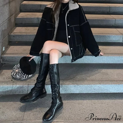 Dark Denim Stylish Fur Lining Jacket
