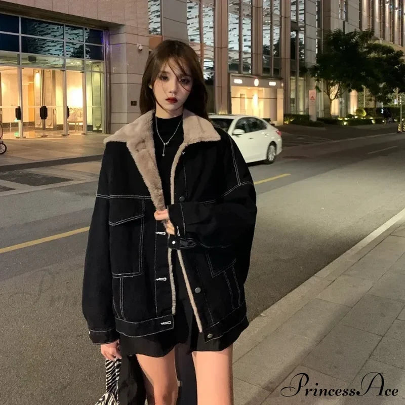 Dark Denim Stylish Fur Lining Jacket
