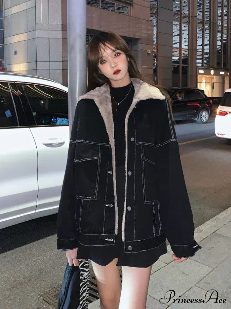 Dark Denim Stylish Fur Lining Jacket