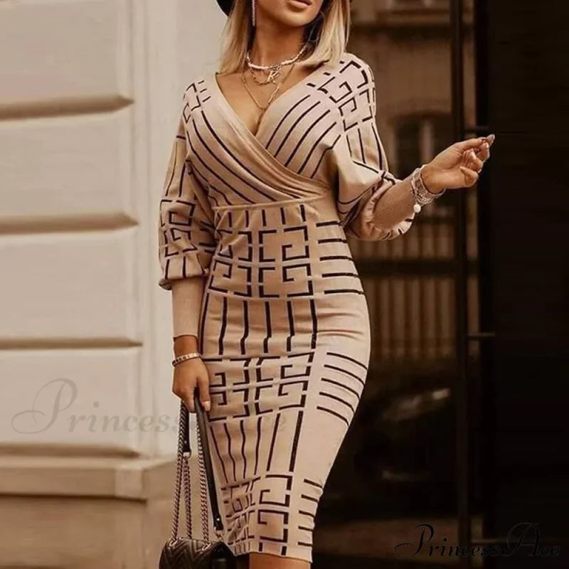 Deep - Party - V-Neck Plaid Gown Long Hip Streetwear Arm Spring Casual Autumn Gown Striped Vestidos