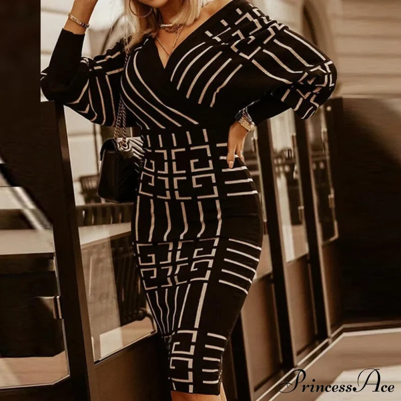 Deep - Party - V-Neck Plaid Gown Long Hip Streetwear Arm Spring Casual Autumn Gown Striped Vestidos