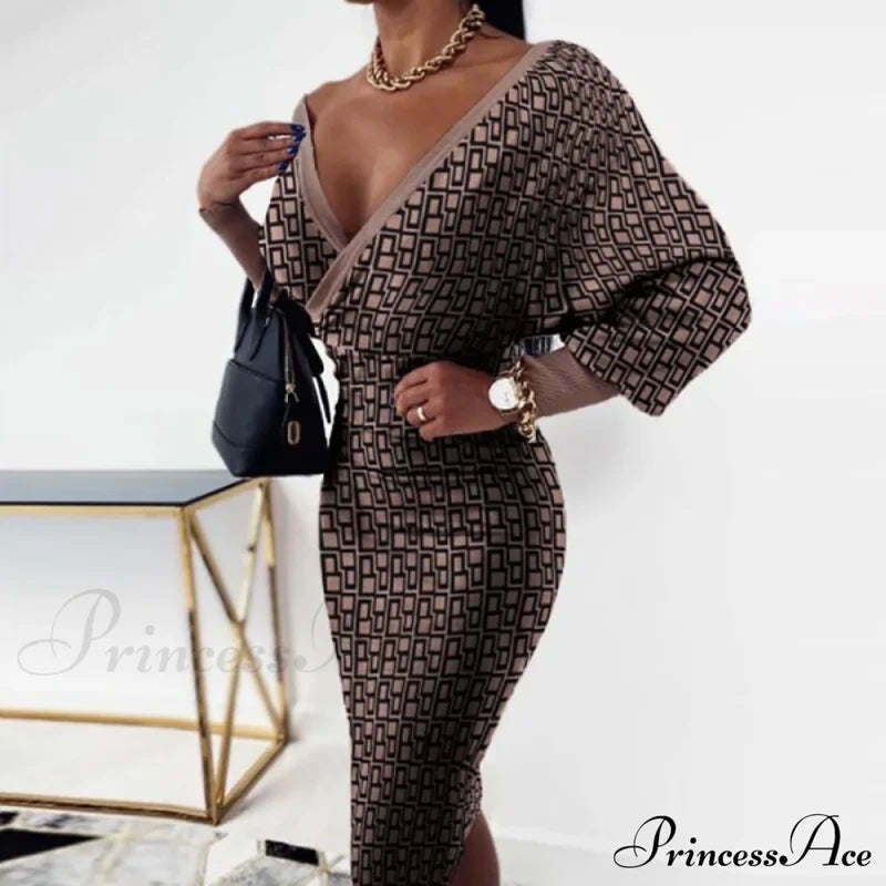 Deep - Party - V-Neck Plaid Gown Long Hip Streetwear Arm Spring Casual Autumn Gown Striped Vestidos