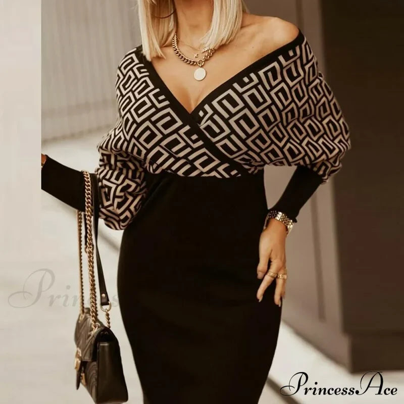 Deep - Party - V-Neck Plaid Gown Long Hip Streetwear Arm Spring Casual Autumn Gown Striped Vestidos