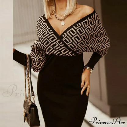Deep - Party - V-Neck Plaid Gown Long Hip Streetwear Arm Spring Casual Autumn Gown Striped Vestidos