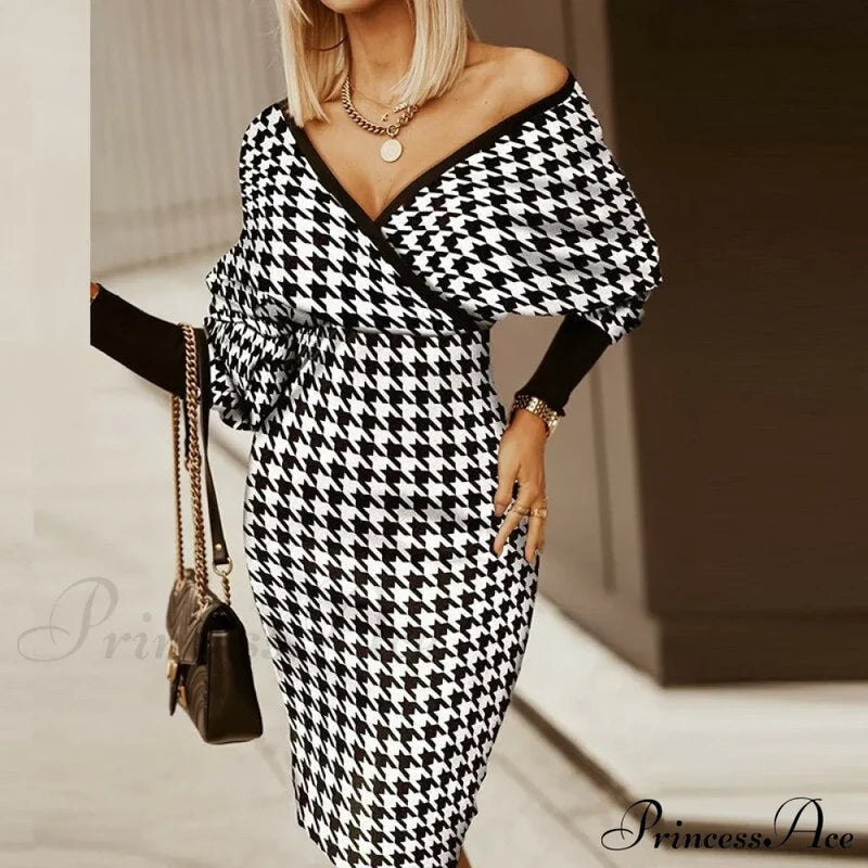 Deep - Party - V-Neck Plaid Gown Long Hip Streetwear Arm Spring Casual Autumn Gown Striped Vestidos
