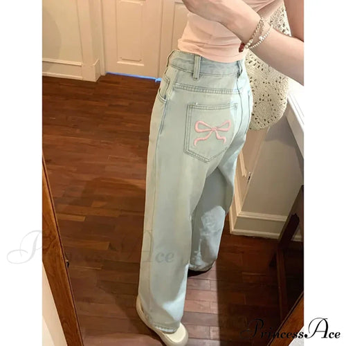 Denim Pink Pocket Charming Bow Embroidery Jeans Denim Pants