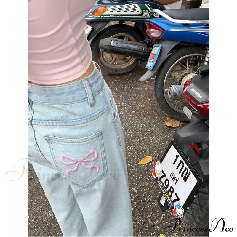 Denim Pink Pocket Charming Bow Embroidery Jeans Denim Pants