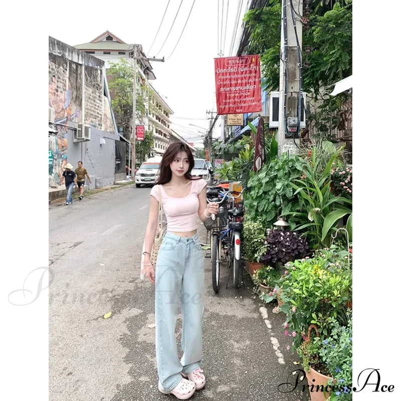 Denim Pink Pocket Charming Bow Embroidery Jeans Denim Pants