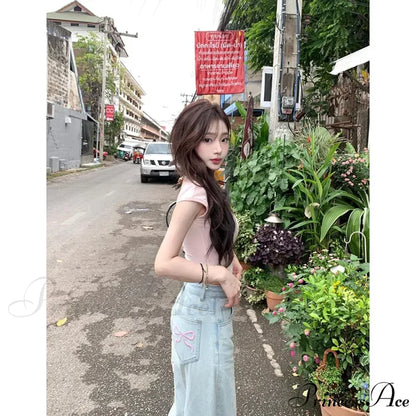 Denim Pink Pocket Charming Bow Embroidery Jeans Denim Pants