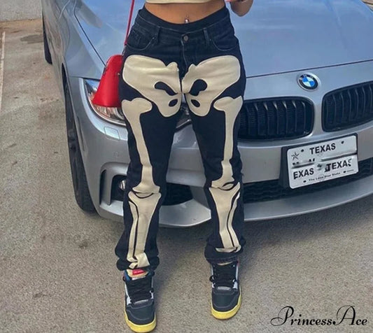 Design Baggy Waist Skeleton Streetwear Jeans Women’s Vintage Low Casual Outfits