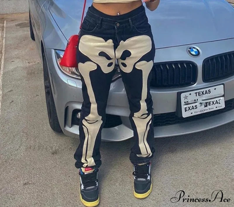 Design Baggy Waist Skeleton Streetwear Jeans Women’s Vintage Low Casual Outfits Black / S