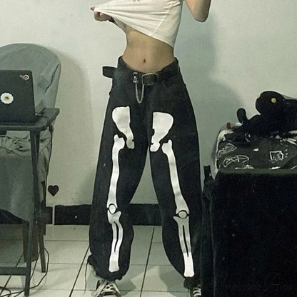Design Baggy Waist Skeleton Streetwear Jeans Women’s Vintage Low Casual Outfits Black Loose / S
