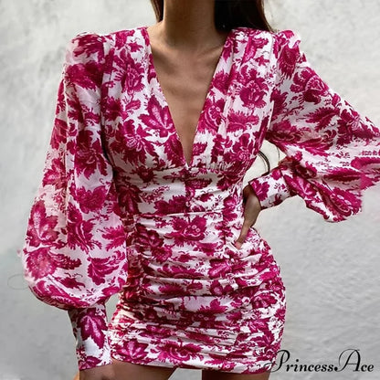 Design Party Bodycon Women’s Neck Deep Warm-Season Flowered Gown Lantern Arm Ruched - V Dress