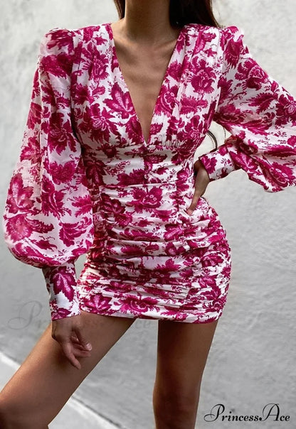 Design Party Bodycon Women’s Neck Deep Warm-Season Flowered Gown Lantern Arm Ruched - V Dress Red
