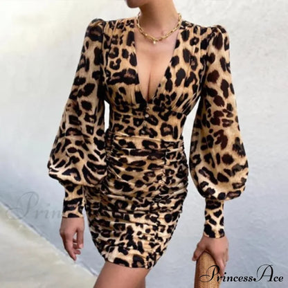 Design Party Bodycon Women’s Neck Deep Warm-Season Flowered Gown Lantern Arm Ruched - V Dress