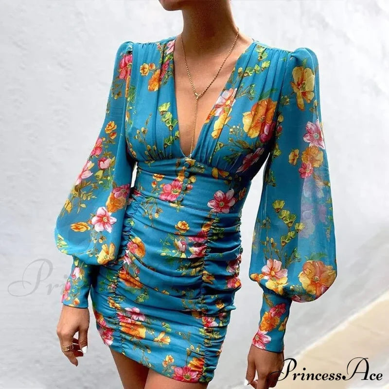 Design Party Bodycon Women’s Neck Deep Warm-Season Flowered Gown Lantern Arm Ruched - V Dress