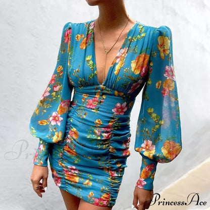 Design Party Bodycon Women’s Neck Deep Warm-Season Flowered Gown Lantern Arm Ruched - V Dress