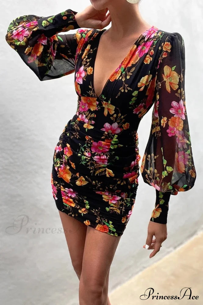 Design Party Bodycon Women’s Neck Deep Warm-Season Flowered Gown Lantern Arm Ruched - V Dress