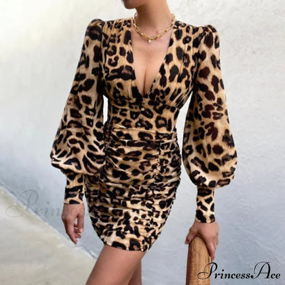 Design Party Bodycon Women’s Neck Deep Warm-Season Flowered Gown Lantern Arm Ruched - V Dress