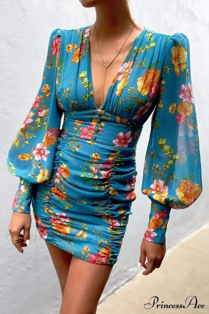 Design Party Bodycon Women’s Neck Deep Warm-Season Flowered Gown Lantern Arm Ruched - V Dress