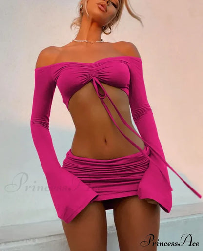Drawstring Ruched Two Piece Mini Dress Rose Red / S