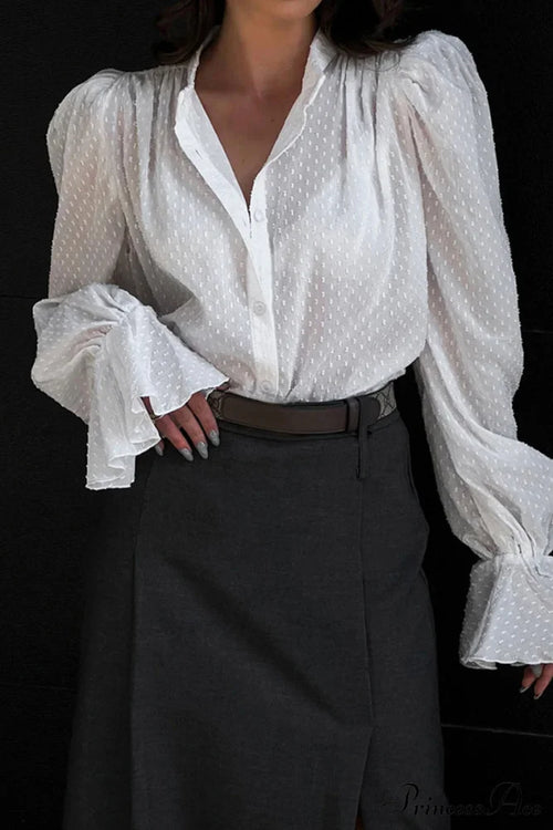 Elegant Neckline Mandarin - Flounce Blouse Solid 3 Color Options Tops/Blouses & Shirts