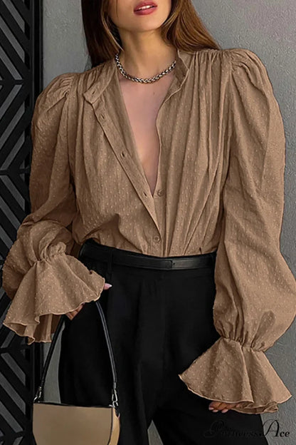 Elegant Neckline Mandarin - Flounce Blouse Solid 3 Color Options Tops/Blouses & Shirts