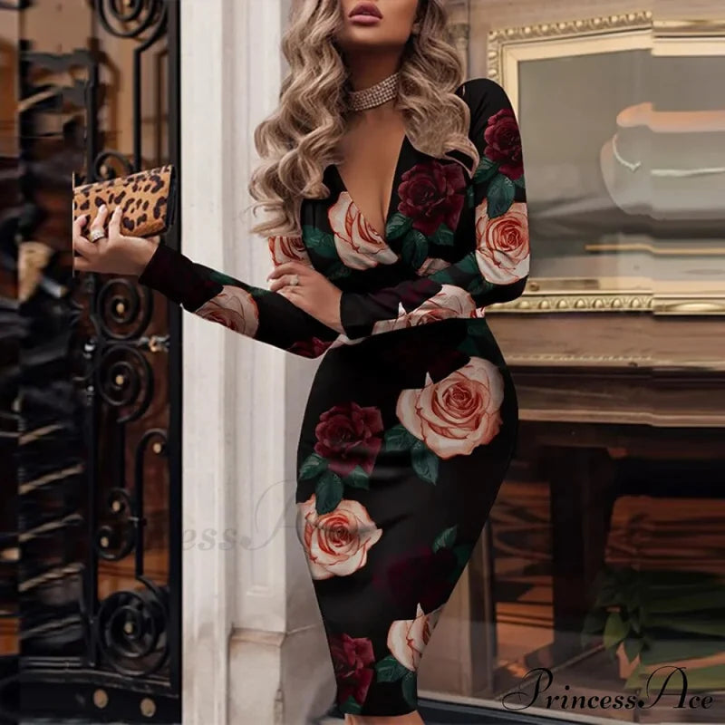 Elegant V Bodycon Sequin Club Party Deep Neck Patchwork With Long Slim Sleeves - Gown Dress Roses /