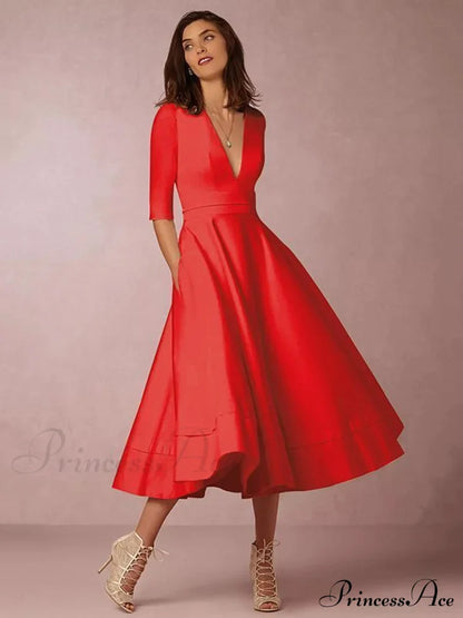 Elegant White V-Neck Evening Dress With Half Sleeves S / Dresses