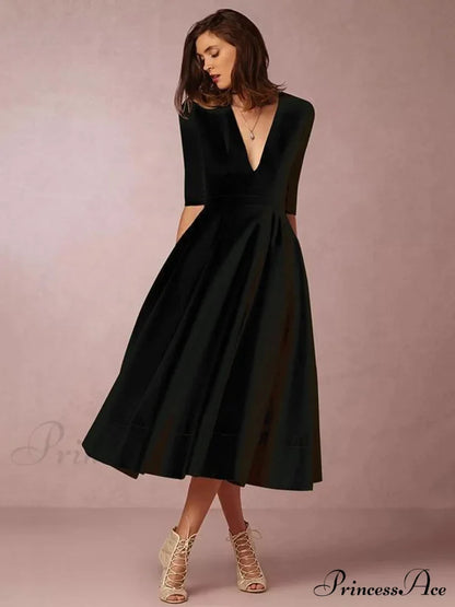 Elegant White V-Neck Evening Dress With Half Sleeves S / Red Dresses