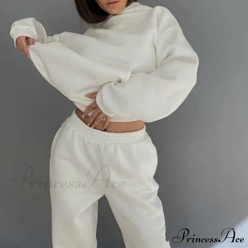 Elegant With Long Sweatshirt Women’s Set And Hoodie Lace-Up Warm Pant Solid Detail 03 White / Xxxl