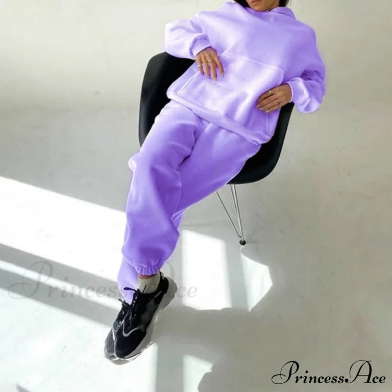 Elegant With Long Sweatshirt Women’s Set And Hoodie Lace-Up Warm Pant Solid Detail 03 Purple / S
