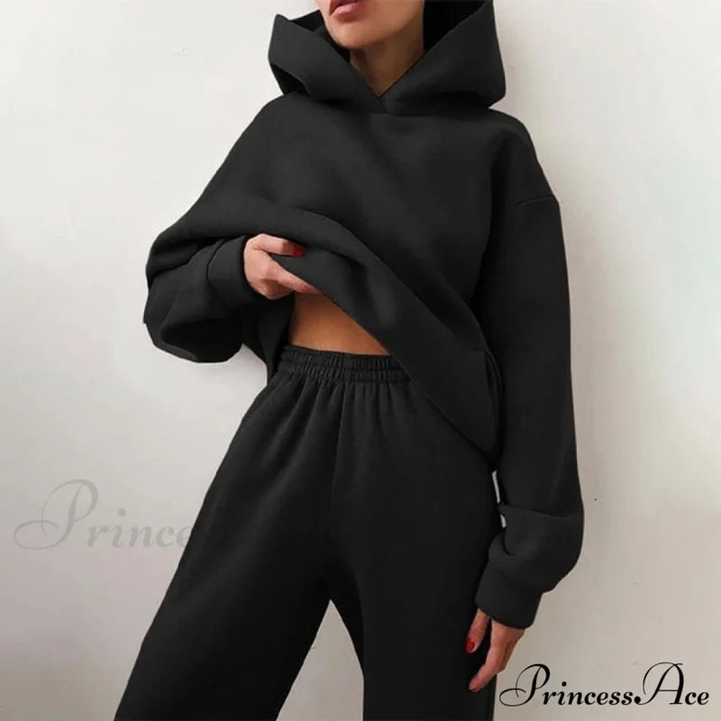 Elegant With Long Sweatshirt Women’s Set And Hoodie Lace-Up Warm Pant Solid Detail 01 Black / Xxxl