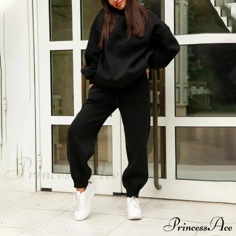 Elegant With Long Sweatshirt Women’s Set And Hoodie Lace-Up Warm Pant Solid Detail 02 Black / Xl