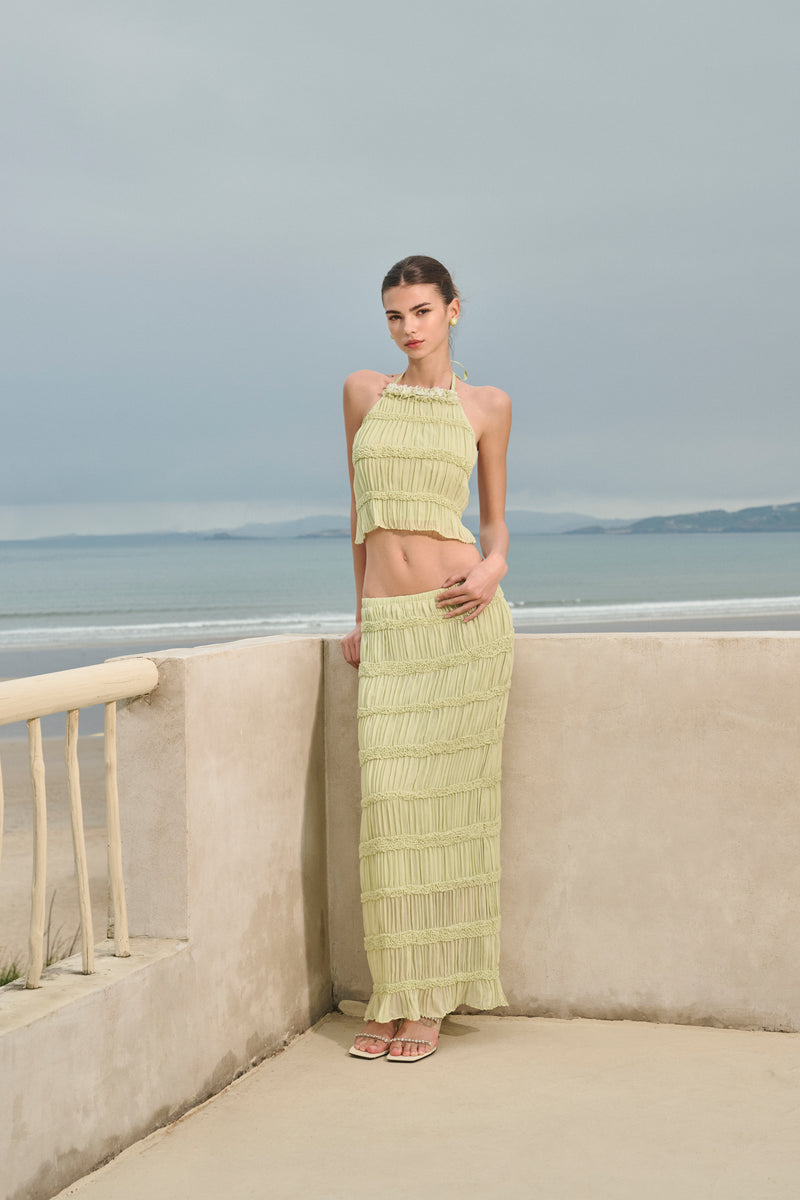 Embellished halter ruched pleated set