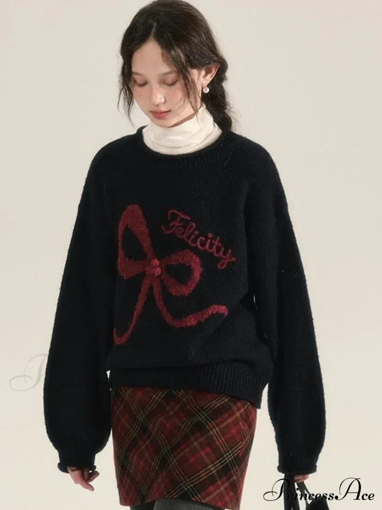 Embroidery Elegant Bow Sweater Sweaters-L