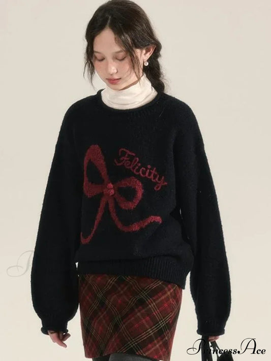Embroidery Elegant Bow Sweater Sweaters-L