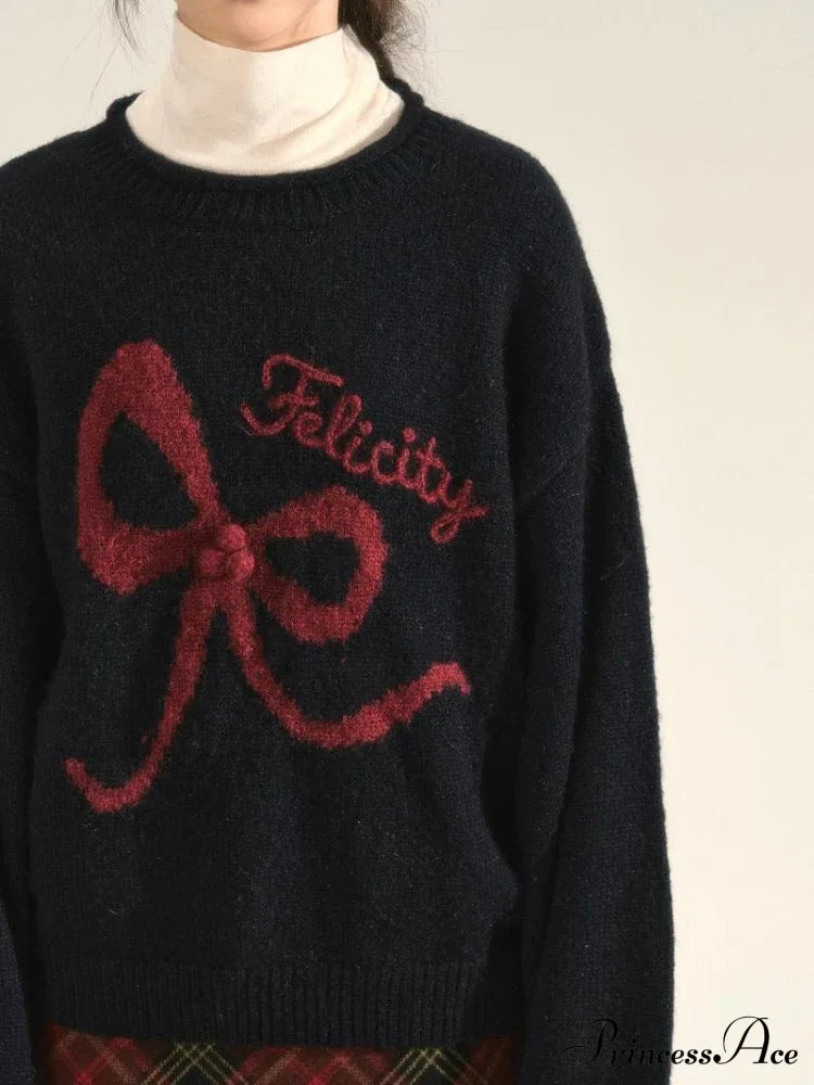 Embroidery Elegant Bow Sweater Sweaters-L