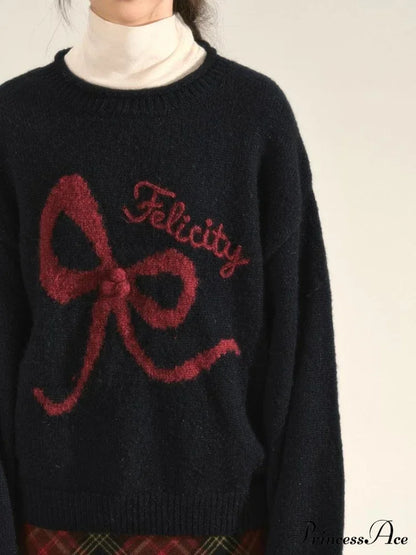 Embroidery Elegant Bow Sweater Sweaters-L