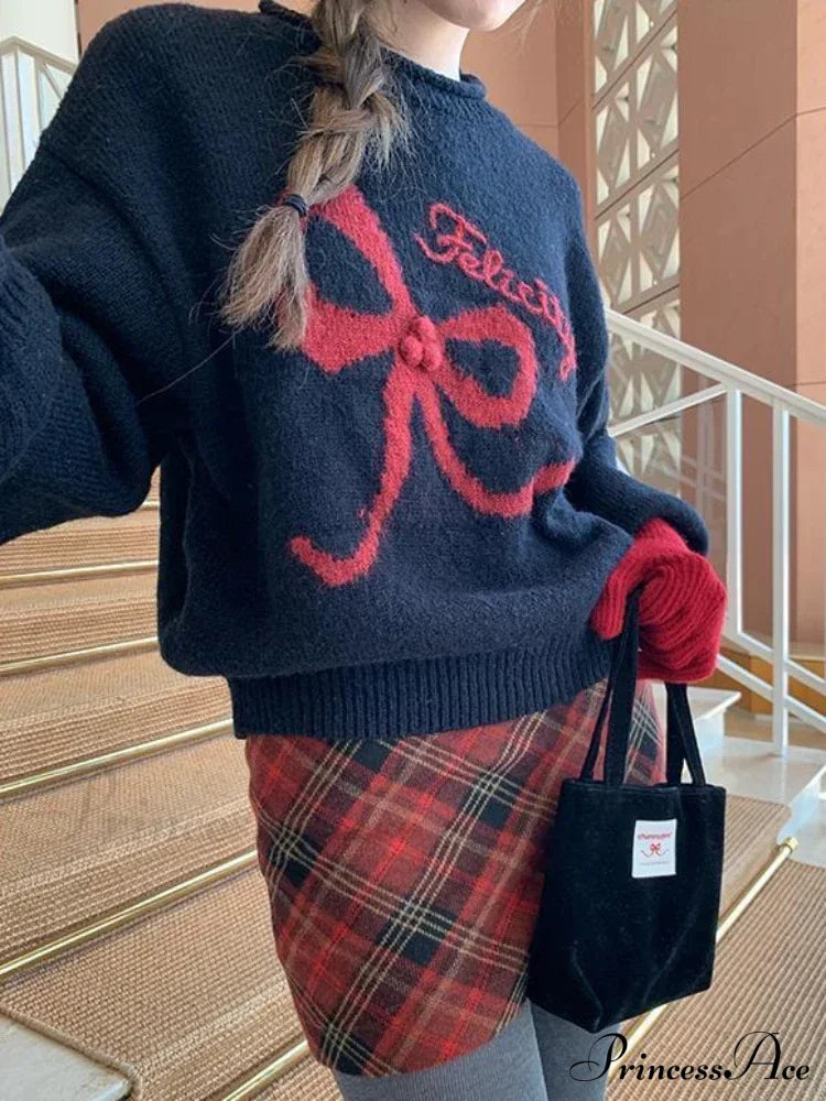Embroidery Elegant Bow Sweater Sweaters-L