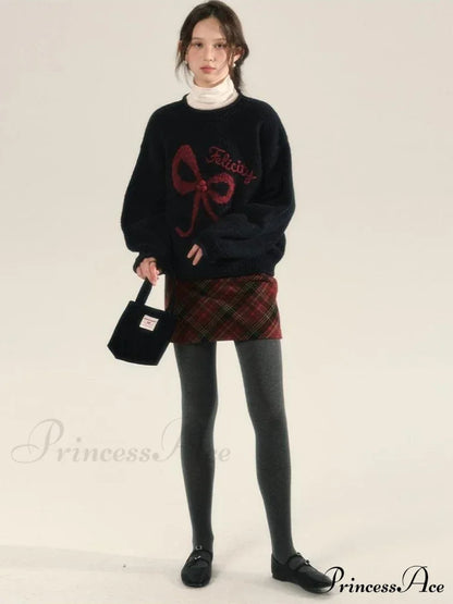 Embroidery Elegant Bow Sweater Sweaters-L