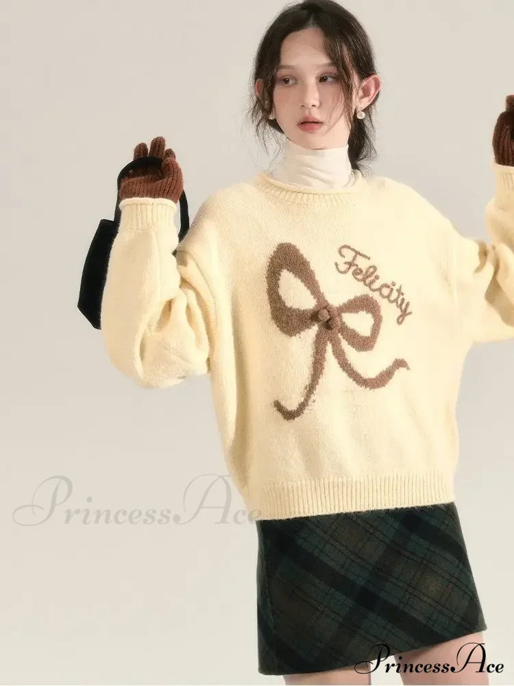 Embroidery Elegant Bow Sweater Sweaters-L
