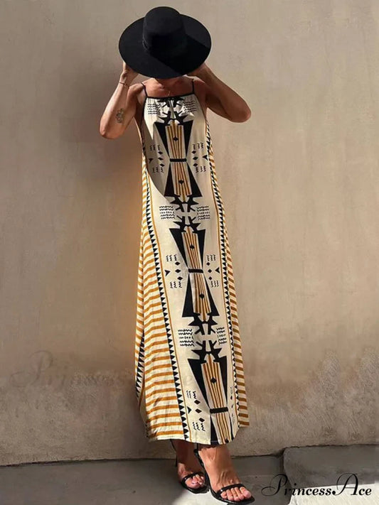Ethnic Print Backless Charming A-Line Maxi Dress Yellow / S Dresses