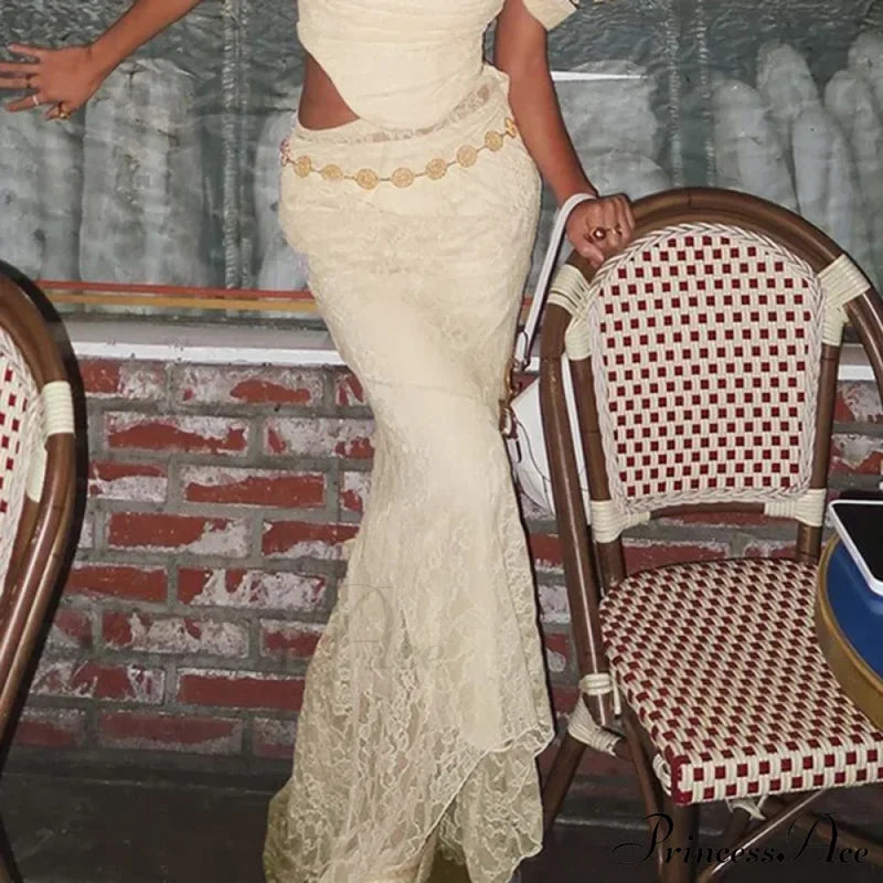 Fairy Stylish High Street Lace Maxi Skirt Beige / S