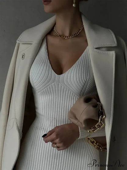 Fall Winter V-Neck Knitted Party Slit Long Sleeve Sweaters Midi Dress