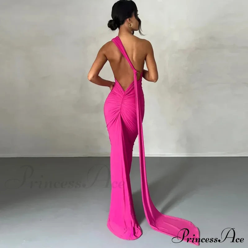 Fashion One Shoulder Elegant Long Sleeve Split Maxi Dress Pink / S