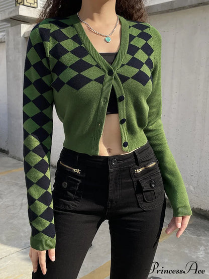 Fashion Plaid Green Cropped Knitted Cardigan