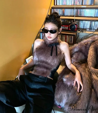 Faux Fur High Collar Sleeveless Trendy Camisole Tank Top With Bow