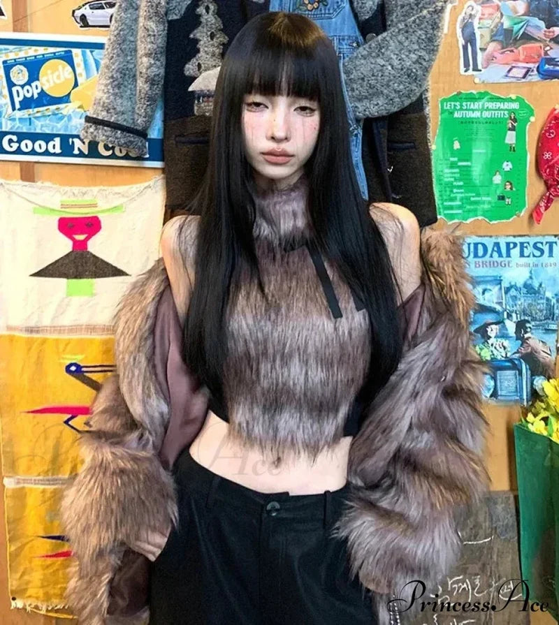 Faux Fur High Collar Sleeveless Trendy Camisole Tank Top With Bow