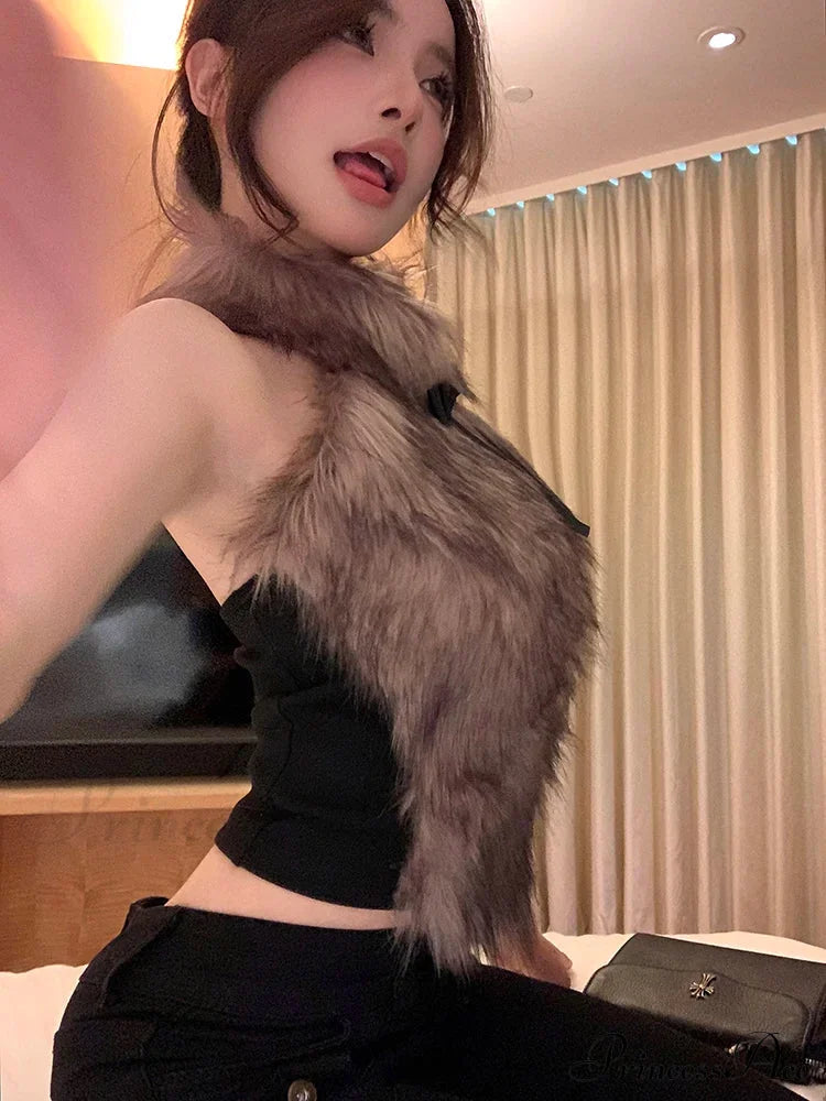 Faux Fur High Collar Sleeveless Trendy Camisole Tank Top With Bow